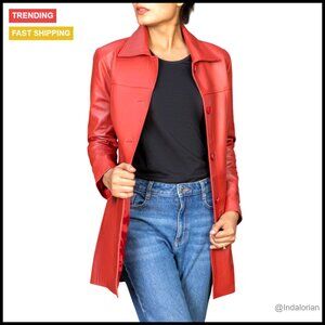 Genuine Leather Blazer Overcoat Elegant Classic Chic 3/4 Length Coat